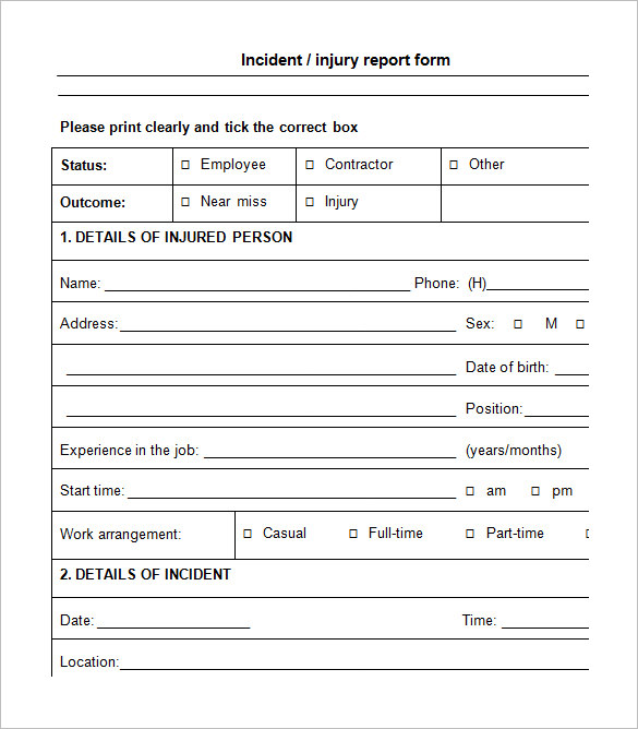 free work incident report form printable   Gecce.tackletarts.co