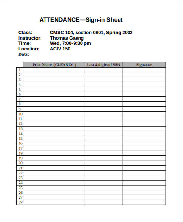 Free Blank Printable Student Sign in Sheet with 35 Rows 