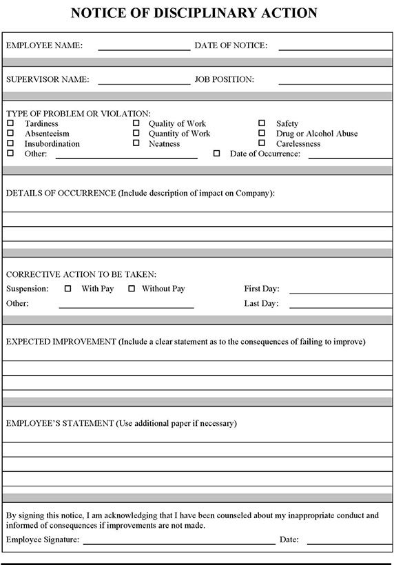 employee disciplinary action form with checklist Templates 