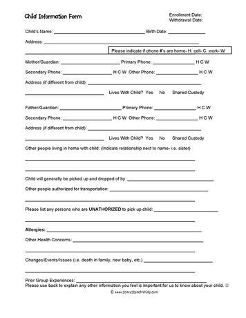 Child Information Forms   Free Printable Templates 