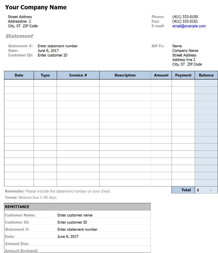 Printable Account Statement Template for Excel