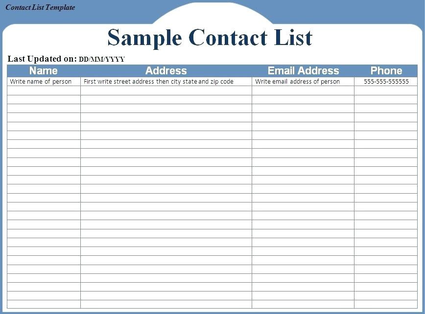 Impressive Information Contact List Template Free Downloadable 